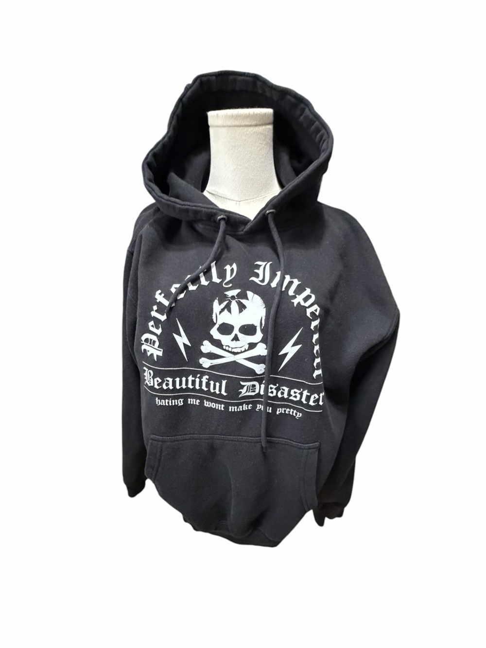 Beautiful Disaster Black Graphic Hoodie Sweatshirt with Skull Print Sz Lrg